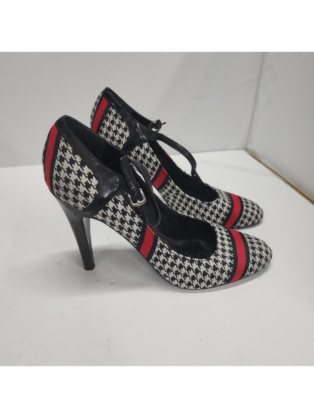 EUC Nine West Red Black White Houndstooth Mary Jane Pumps Heels 10